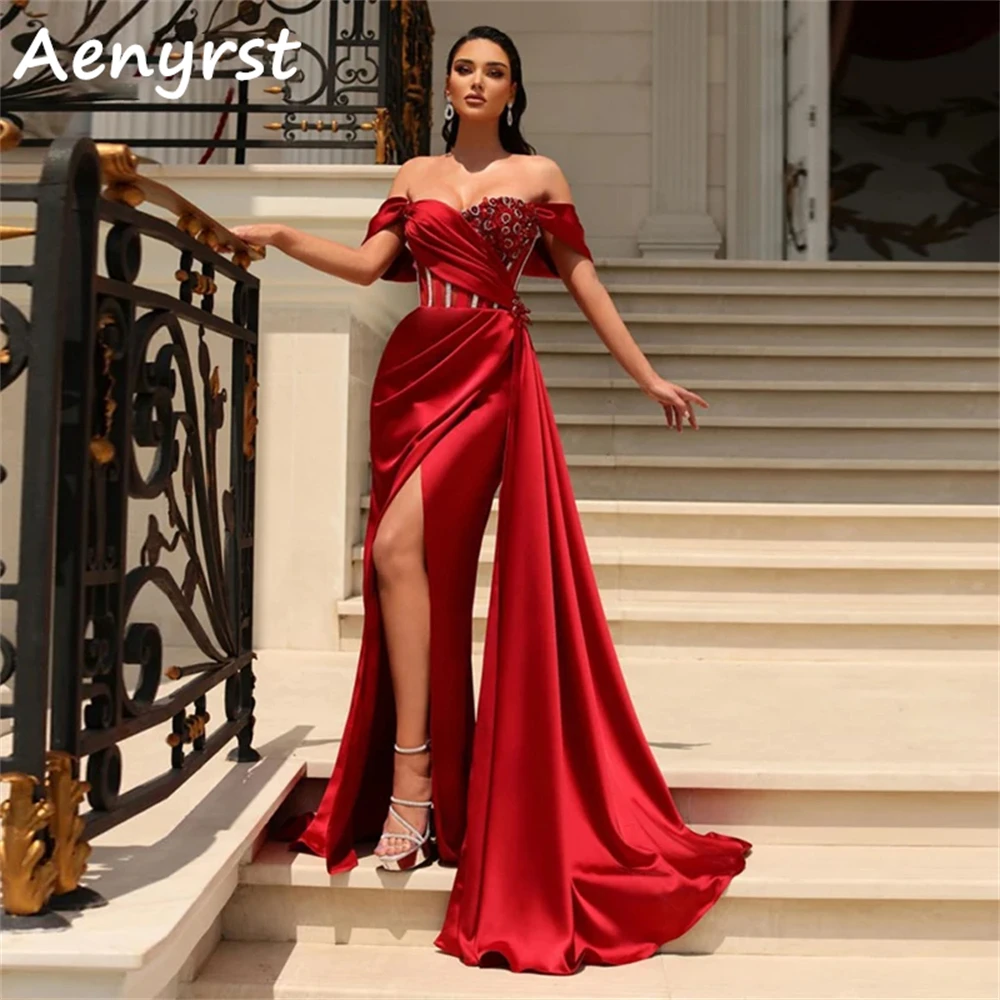 Aenyrst Red Sweetheart Mermaid Prom Dresses Satin Off The Shoulder High Split Evening Gowns Floor Length Christmas Party Dress