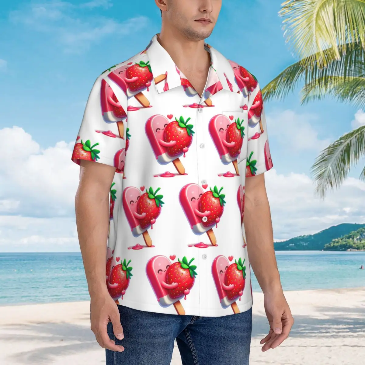 

Strawberry Ice Cream Dessert Hawaiian Shirts Fashion Men Short Sleeve Shirt for Summer Beach Men's Button Tops