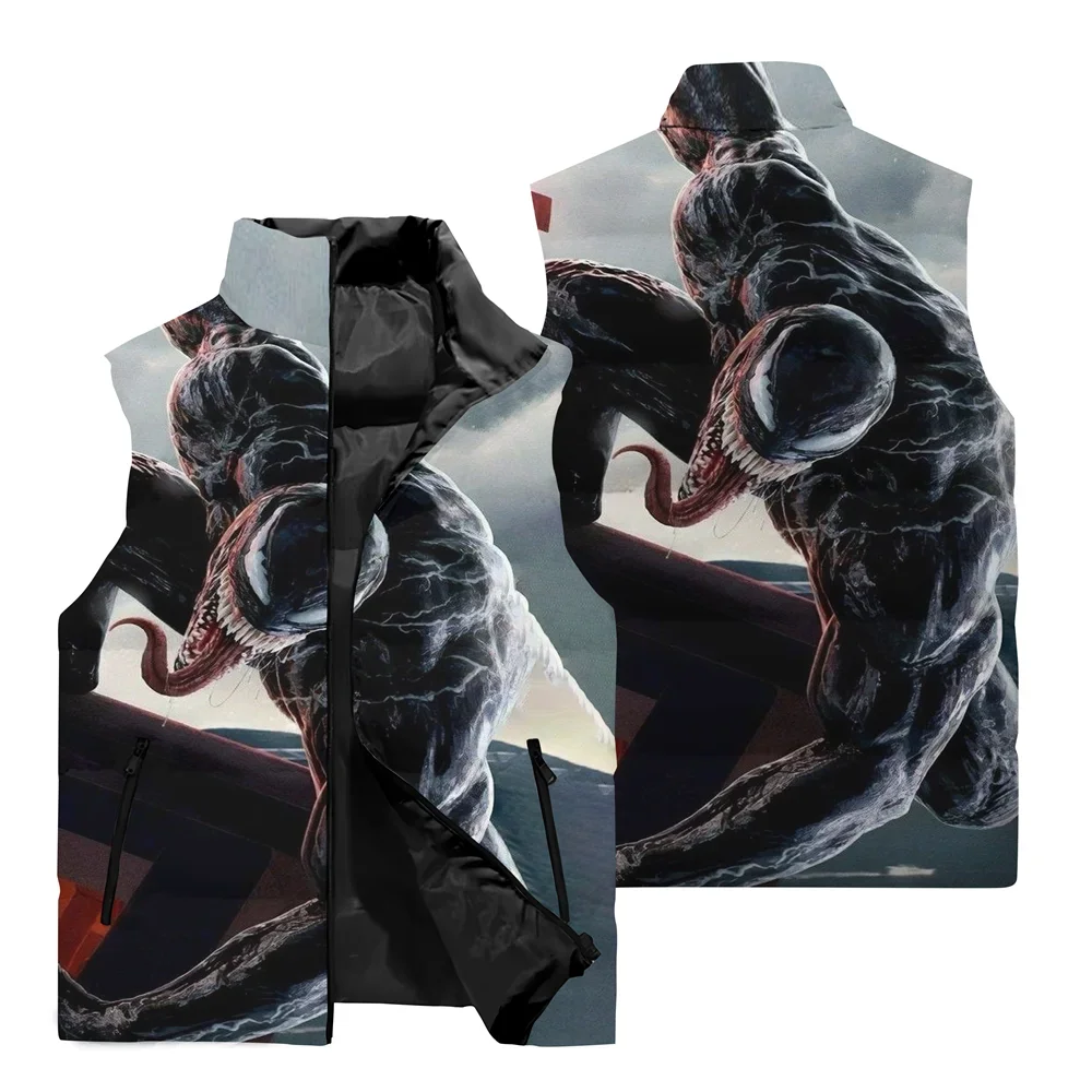 Men\'s 3D Marvel Venom Superhero Sleeveless Jacket Outdoor Leisure Sports Warm Coat Men\'s Casual Stand Collar Jacket Windbreaker