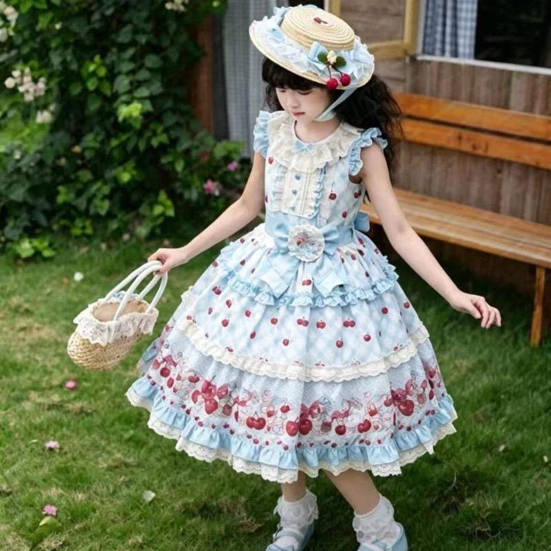 Kids Cherry Print Lolita Princess Dress Blue‑and‑White Plaid Lace Tiered Skirt Vintage Children Cosplay Birthday Party Outfit