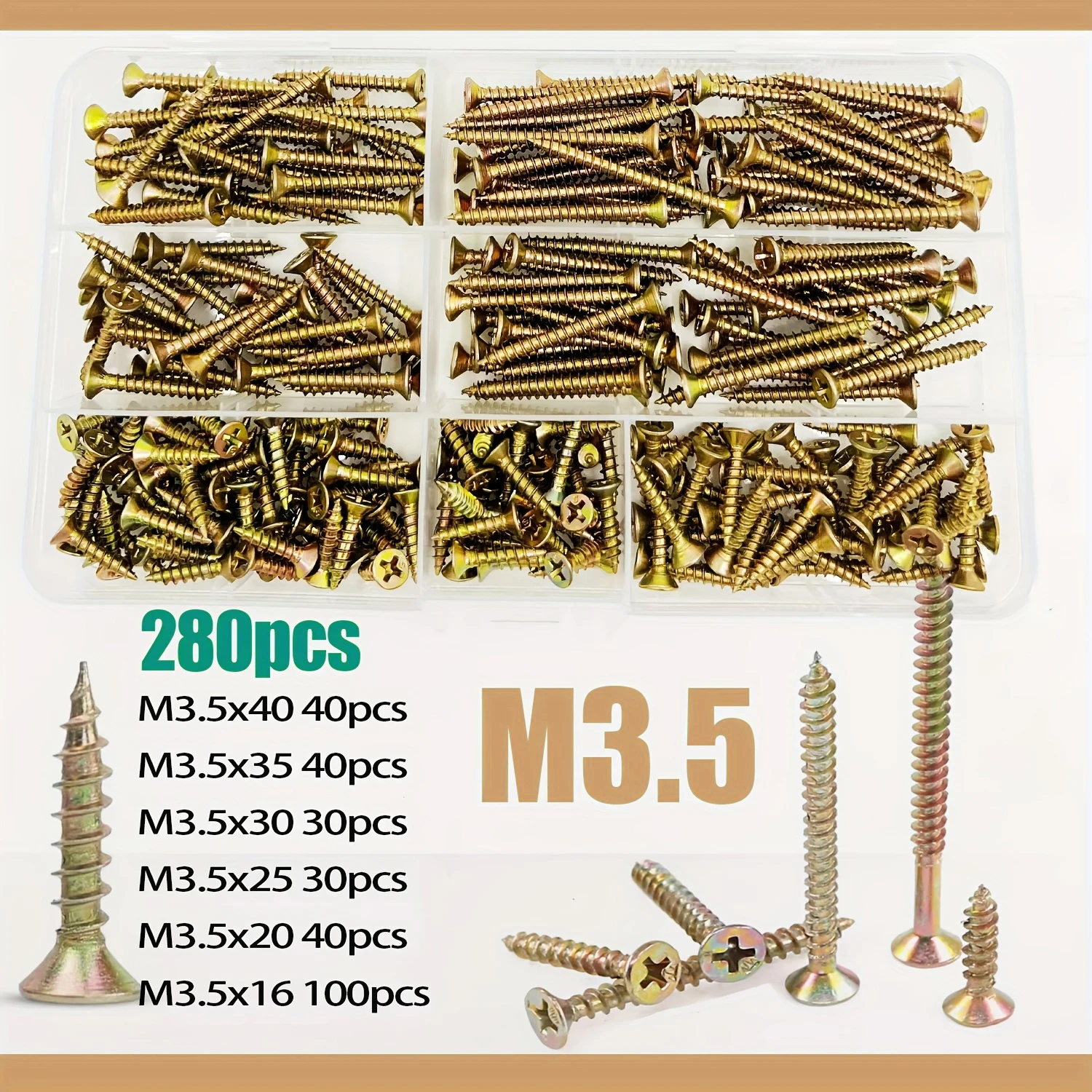 Juego de 280 tornillos para madera, tamaño M3.5, diseño avellanado, tornillos para madera, acero al carbono zincado, cabeza Phillips