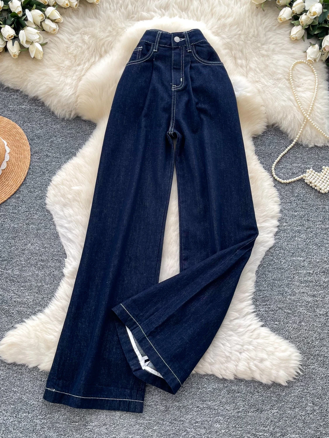 High Waist Wide Leg Denim Jeans Women Loose Slimming Straight Cut Long Pants Deep Blue Color Commute Style Autumn Season