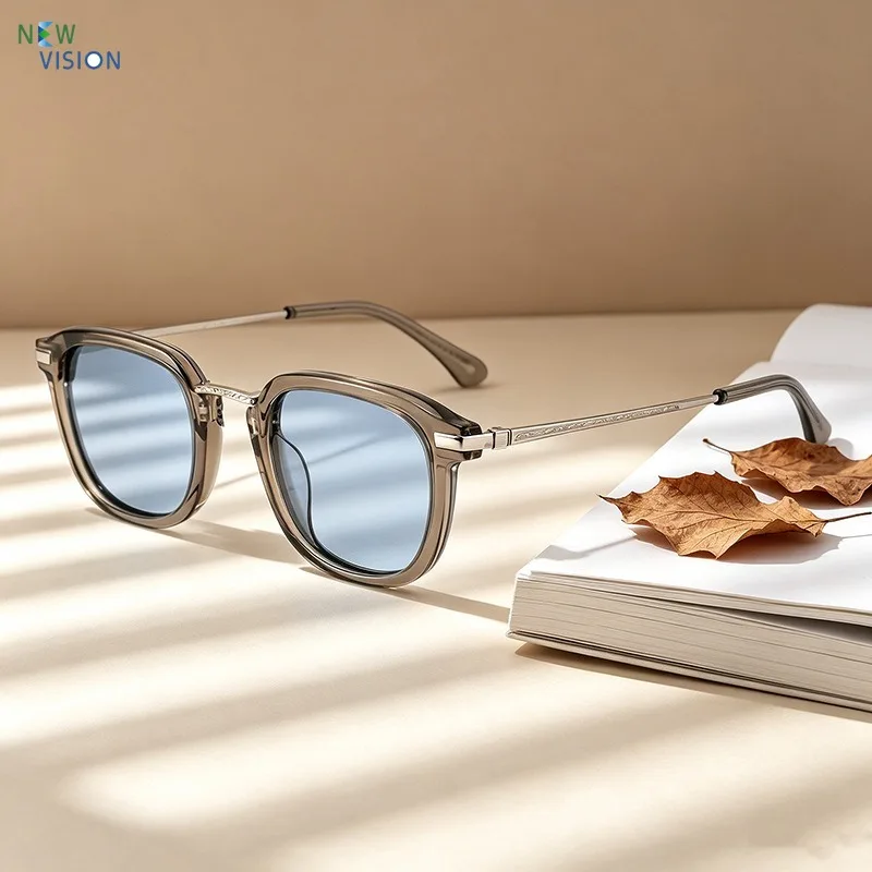 2026 Vintage Square Sunglasses Men Transparent Gray Frame Blue Lens Metal Retro UV400 Women Fashion Outdoor Driving Sun Glasses