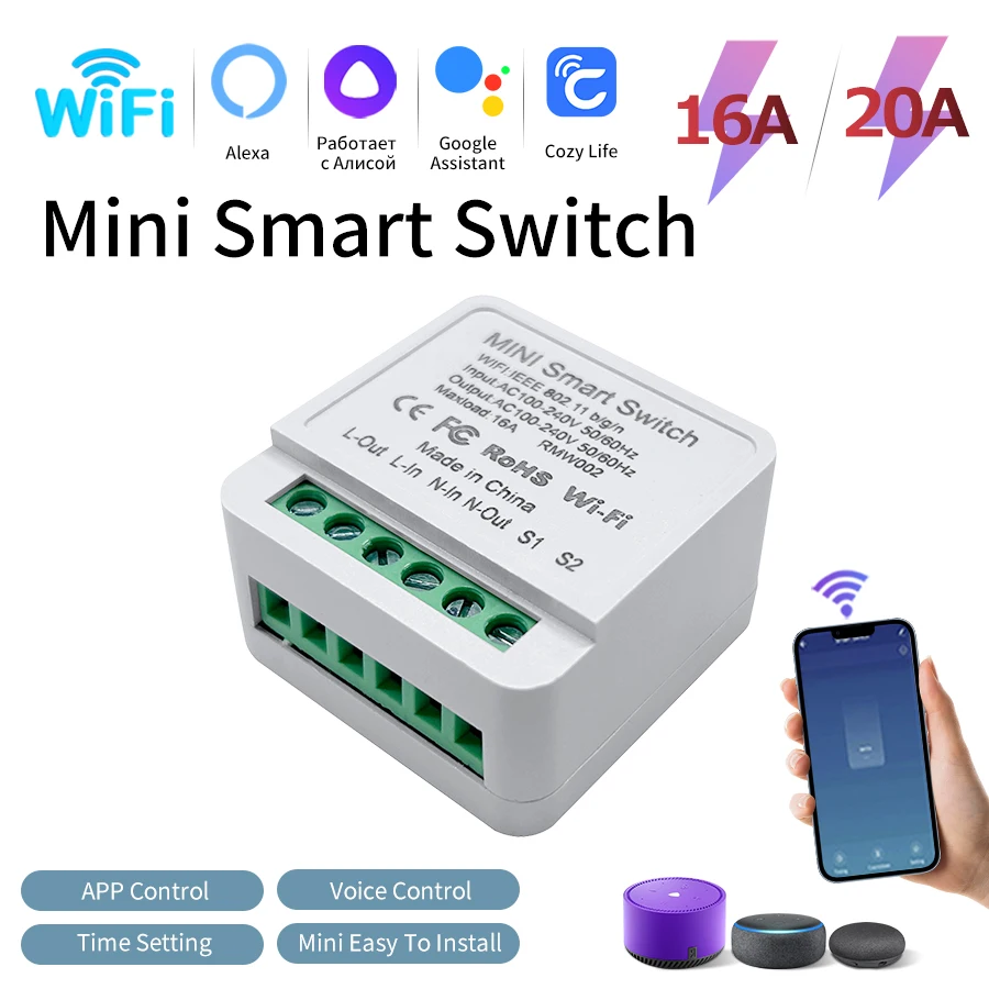 16A 20A Smart WiFi Wireless Light Switch Cozylife App Remote 2-Way Control Intelligent Module Works with Alexa Google Assistant