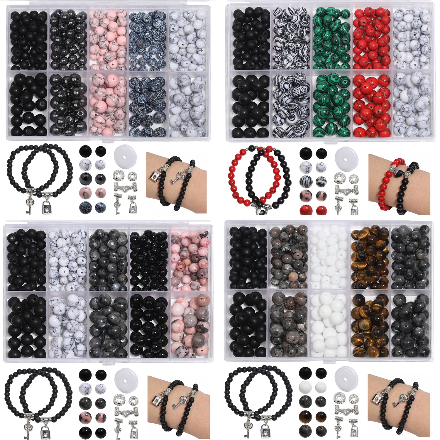 

10grids/box Natural Stone Beads Kit for DIY Couples Bracelet Necklace Elastic Cord Magnet Clasps Jewelry Accessories Box Gift