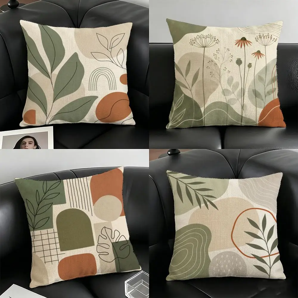 Boho Green Abstract Cushion Cover Natural Linen Organic Fabric Double-Sided Printing Breathable For Home Decor