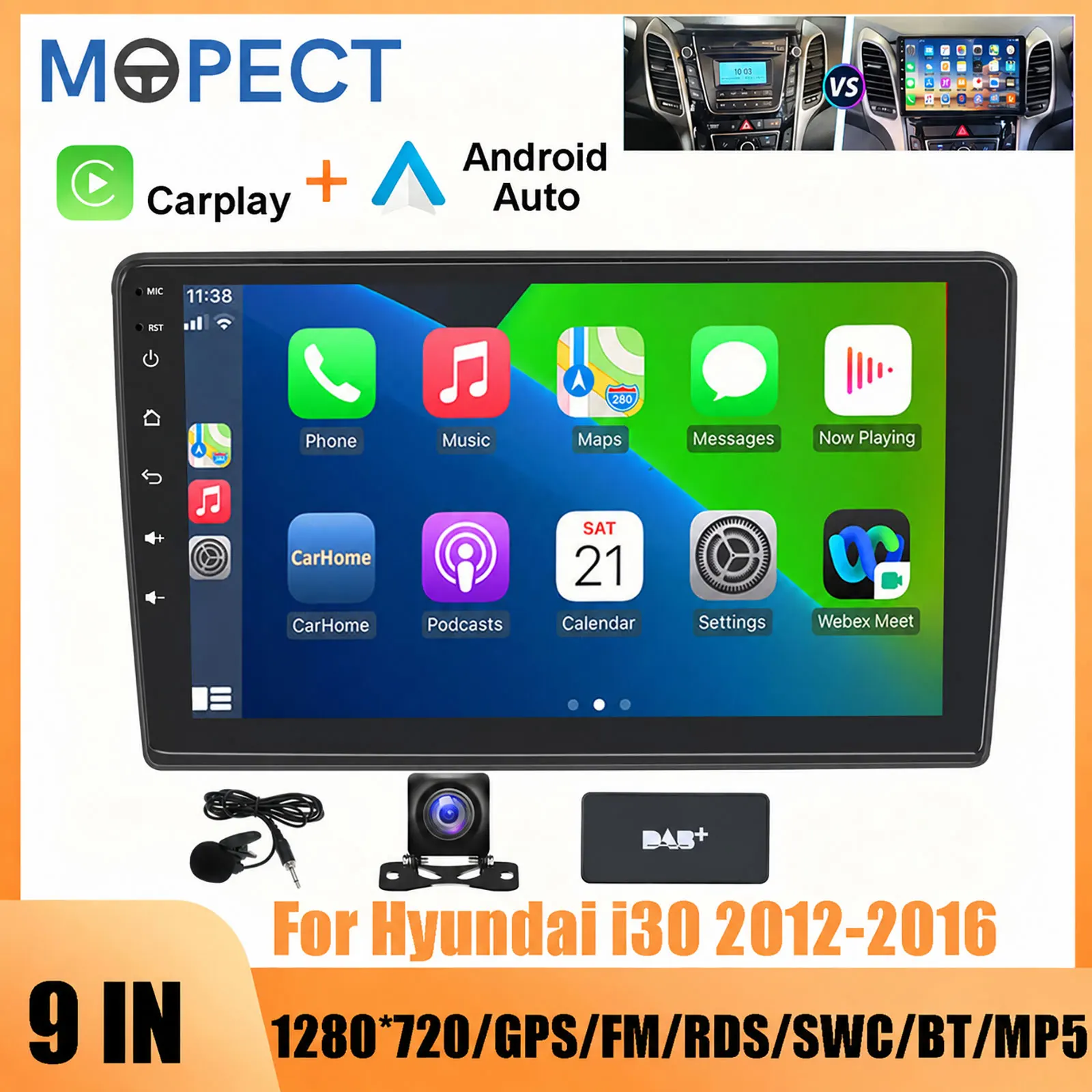 MOPECT, autoradio Android da 9 pollici con Carplay e funzionalità auto, compatibile con Hyundai I30 GD, modelli 2013, 2014, 2015, 2016, con navigazione GPS, lettore multimediale, autoradio, sistema