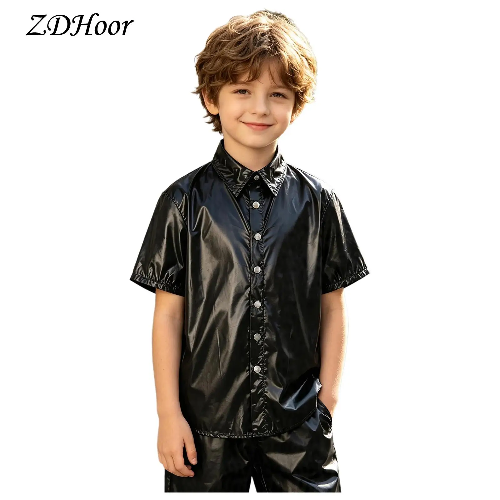 Kids Boys Girls Gloss Metallic Water-resistant Shirt Turn-down Collar Short Sleeve Press Button Front Top Special Needs  Blouse