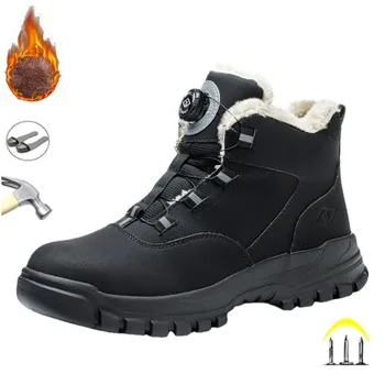 Black leather winter fashion 2023 rotating buttons safety shoes men waterproof work boots men anti-puncture protective shoes