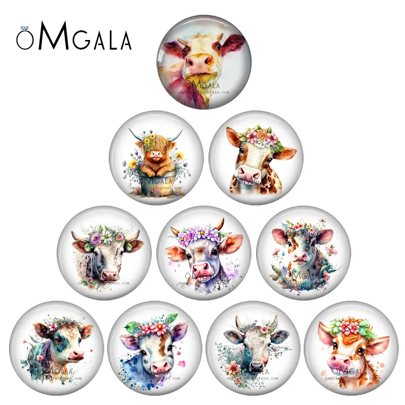 Watercolor Flower With Cattle Cow Art Paintings 12mm/14mm/20mm/25mm Round Glass Cabochon Dome Demo Flat Back Making Findings