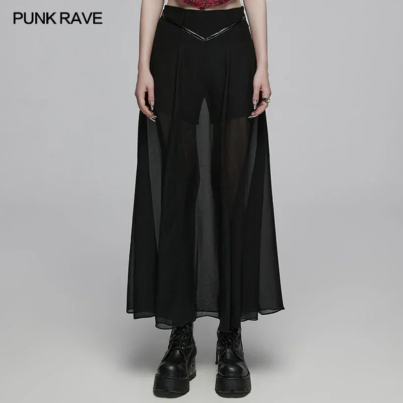 

PUNK RAVE Women's Daily Flowing Chiffon Pant-Skirt Front Waist V-shaped Glossy Patent Leather Casual Black Skirt Women Clothing