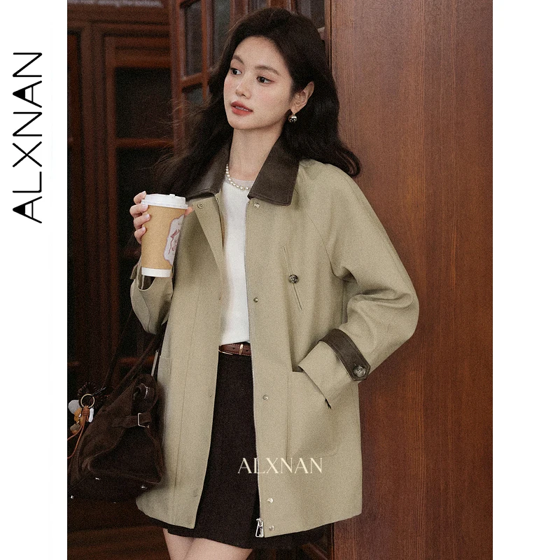 

ALXNAN Khaki Trench Coat Block Color Lapel Casual Women's Windbreaker Trend 2025 Fall Loose-fit Fashion Office Lady Coats L57579