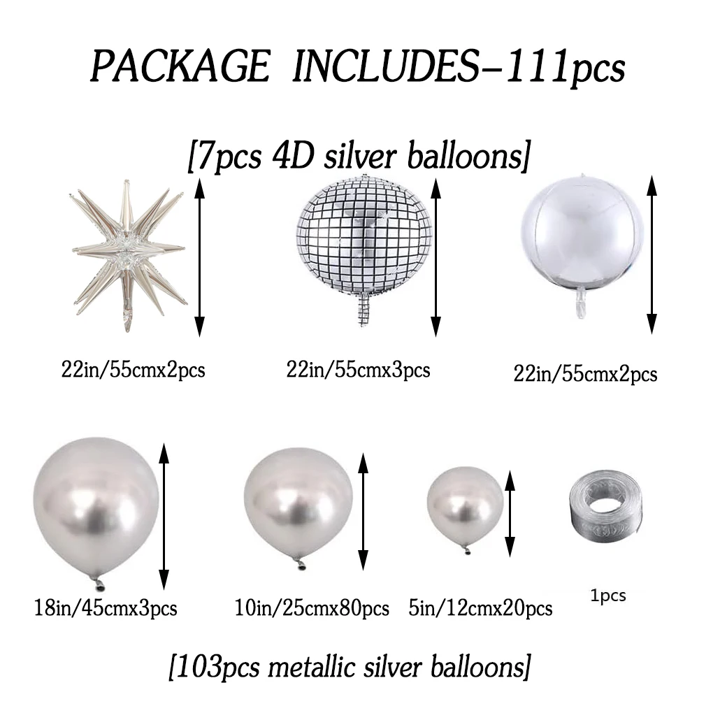 Metal Silver Party Balloon - Multi size latex set suitable for birthdays, weddings, and celebrations, Star Burst 4D Disco