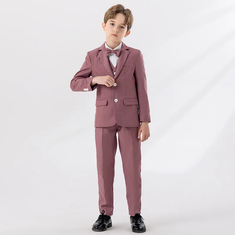 Children White Pink Jacket Vest Pants Bowtie 4PS Ceremony Photograph Suit Kids Piano Party Dress Flower Boys Performance Costume