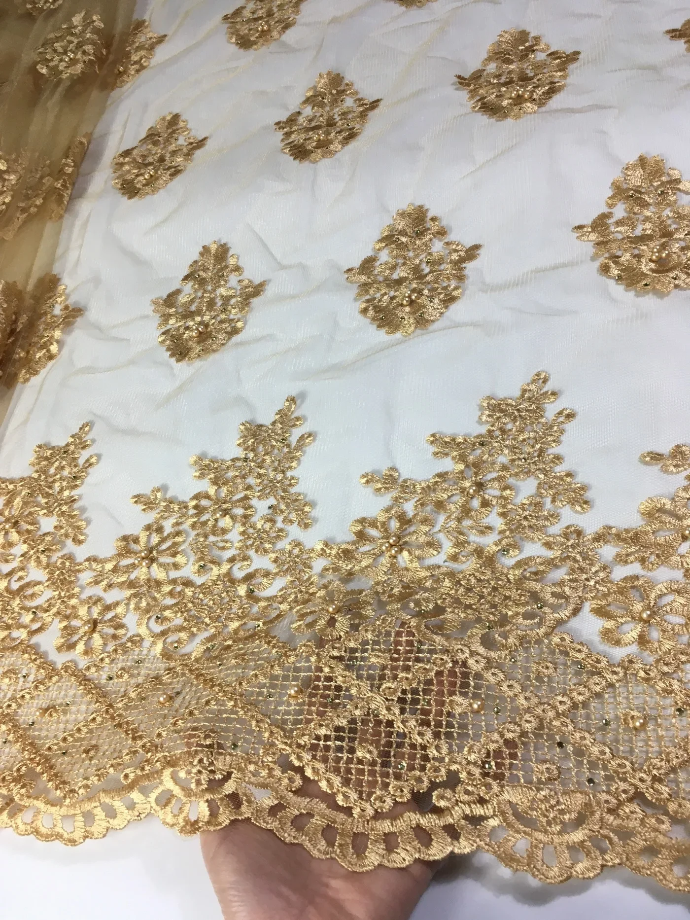 Latest Gold French Tulle Lace Fabric 2023 High Quality African Voile Lace Fabric With Stones Beaded Nigerian Lace Fabric LPP03