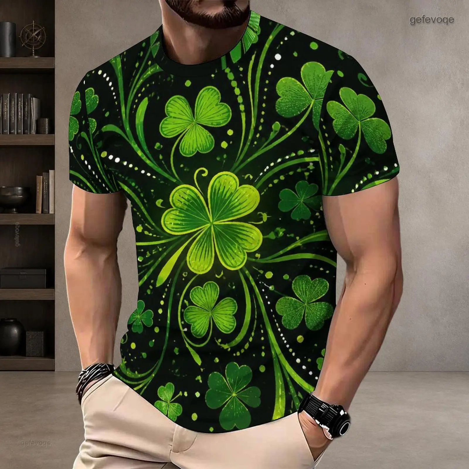 Men Dark Green Printed T-shirt Short Sleeve Round Neck with Clover Shamrock Golden Sparkle Pattern