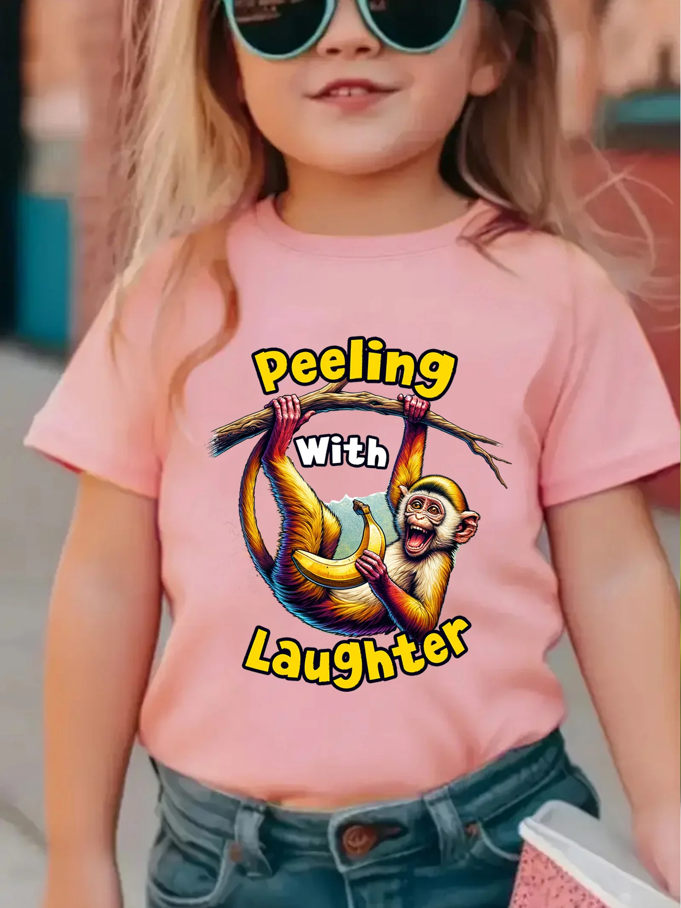 Peeling With Laughter Monkey Banana Cartoon Graphic Print T Shirt Family Matching Boys Girls Kids Short Sleeve Daily Tees