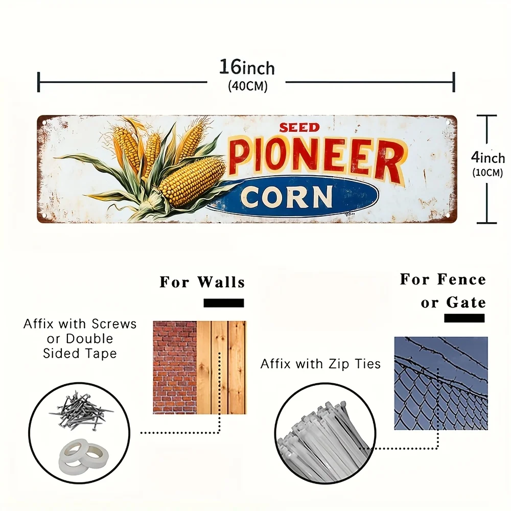 [2D Flat] 1 Vintage Seed Pioneer Corn Metal Farm Sign - Rustic Farmhouse Decor with Corn Stalks - Farmhouse, Garage, Cafe