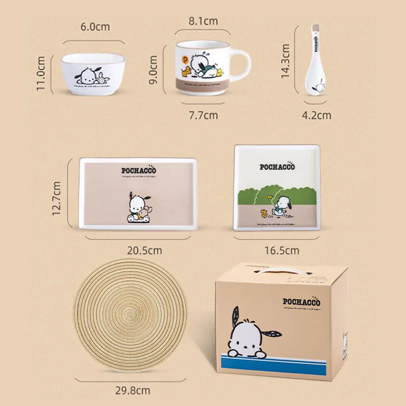 Sanrio Tableware Pochacco Kawaii Solo Dining Dish Set Breakfast Cup Rice Bowl Square Plate Spoon Combined Ceramic Tableware