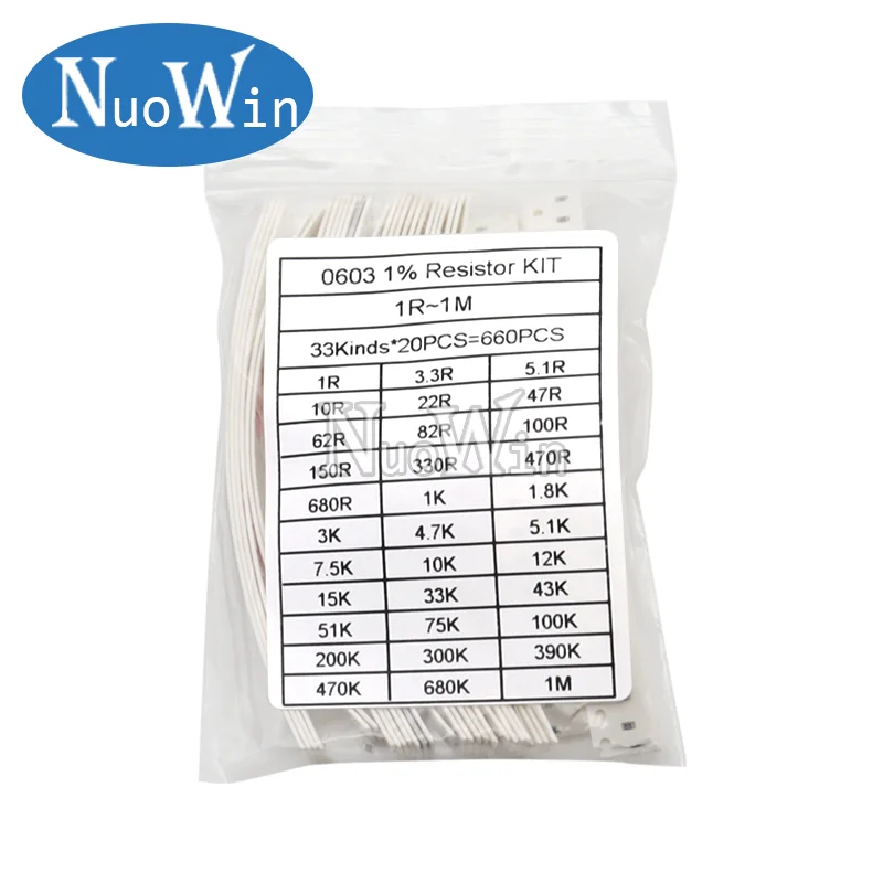 660pcs/Lot 0603 0805 1206 0402 0201 1% SMD Chip Resistor Assorted Kit 1R - 1M ohm 33valuesX20pcs Resistance Sample Set