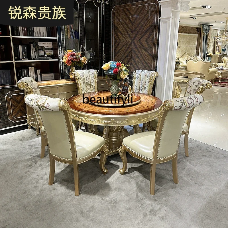 B03 طاولة طعام مستديرة من الخشب الصلب الفرنسي ومجموعة كرسي، طاولة طعام أوروبية فاخرة منحوتة بالذهب الشمبانيا للاستخدام المنزلي