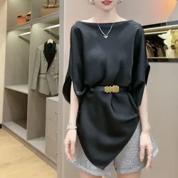 Elegant Slash Neck Loose Irregular Batwing Sleeve Blouse Women's Clothing 2023 Summer New Casual Pullovers Asymmetrical Shirt