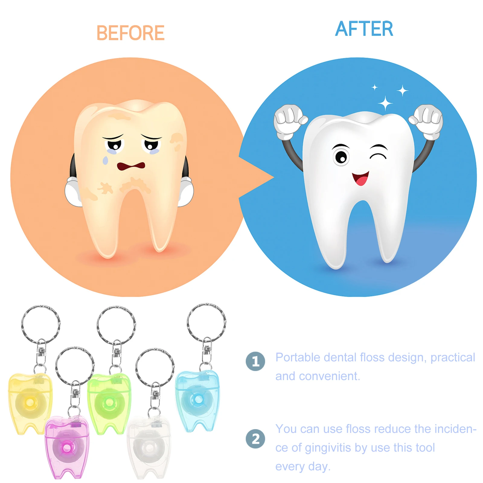 

5pcs Portable Dental Floss Keychain Tooth Shape Box Durable Long Convenient Floss Picks Gingivitis Prevention Travel Size Safe