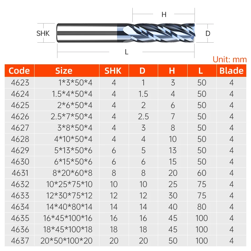 HUHAO Carbide End Mill For Metal 4 Flutes CNC Milling Cutter TIAN Coating Alloy Tungsten Steel Engraving Machine Tools HRC45