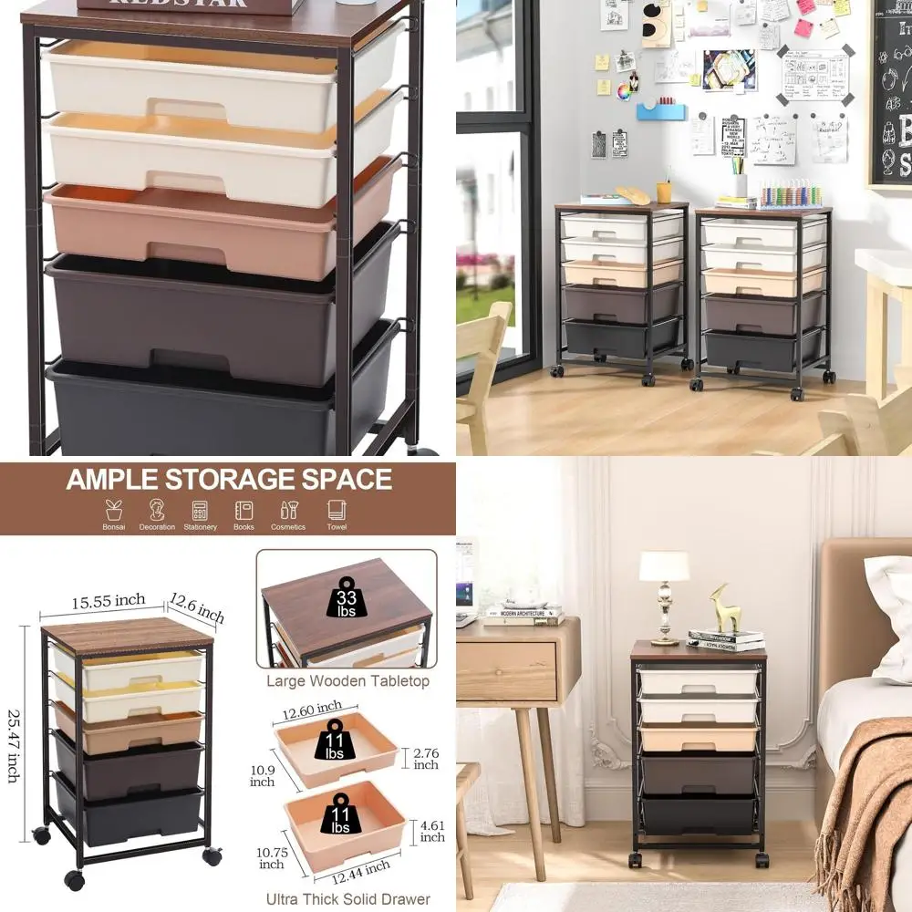 

5-уровневая запираемая тележка для хранения поделок с деревянной столешницей темно-коричневого цвета