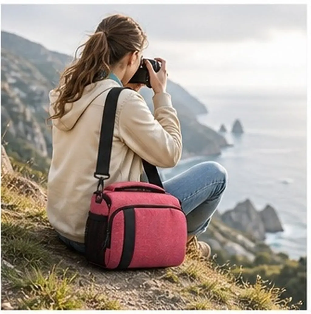 Portable Camera Bag Pink Canvas Shoulder Handbag Shock Absorbing Multi Pocket Storage for Small Digital Camera