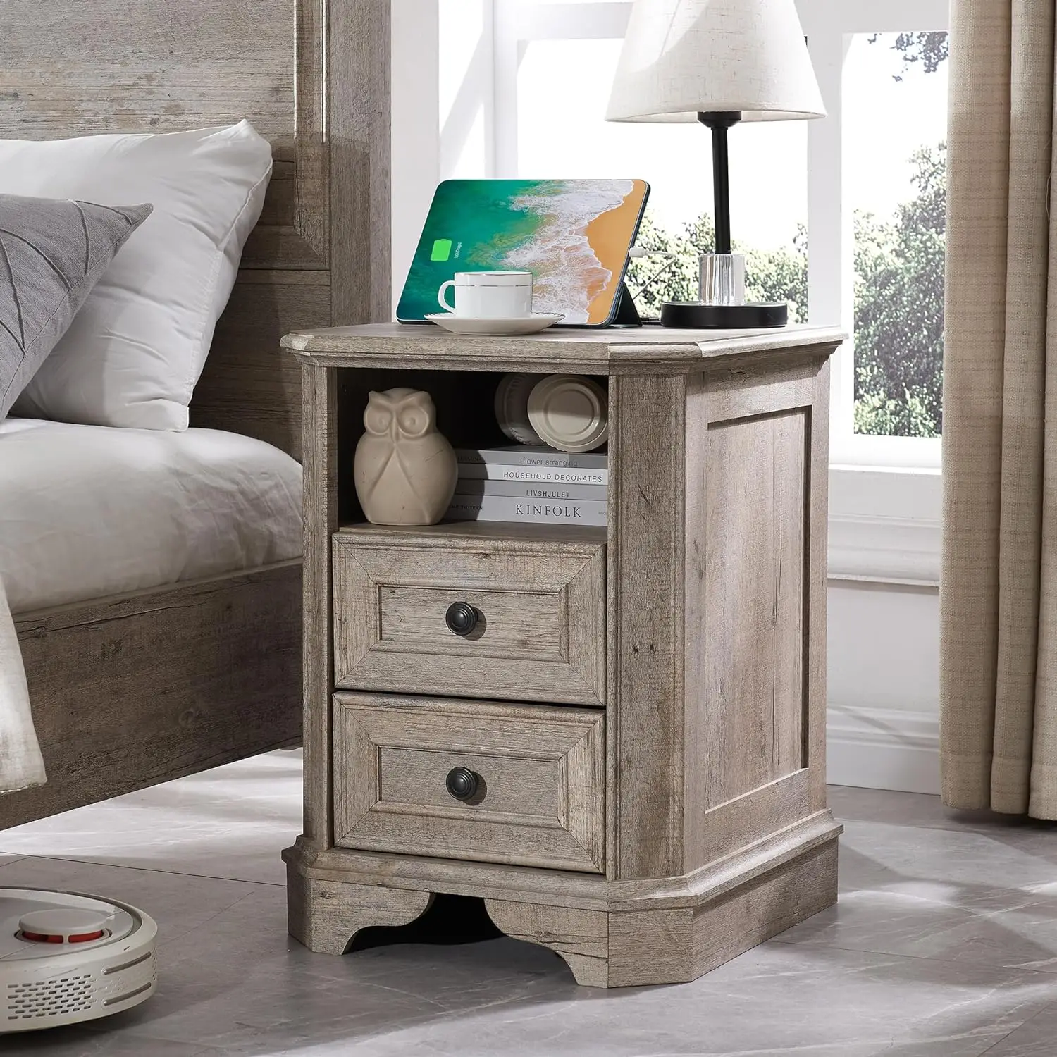 

Farmhouse Nightstand w/ Charging Station, 18" End Table w/ 2 Drawers, Wood Side Table, Bedside Cabinet for Bedroom, Living Room