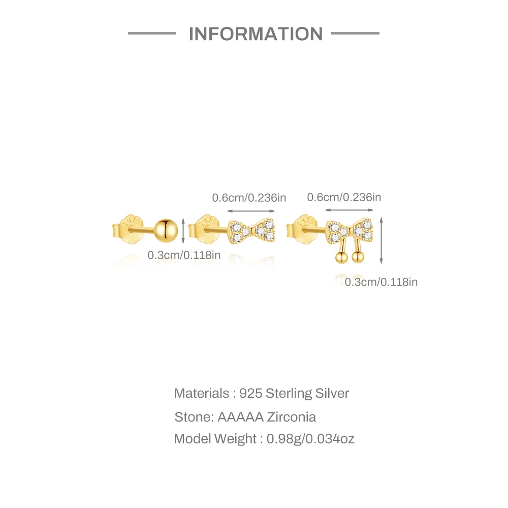 AIDE 925 Sterling Silver 3pcs Earring Set Gold Color Cute Bow Studs Diamond Fashionable Handmake Korea Stud Earrings Jewelry Set