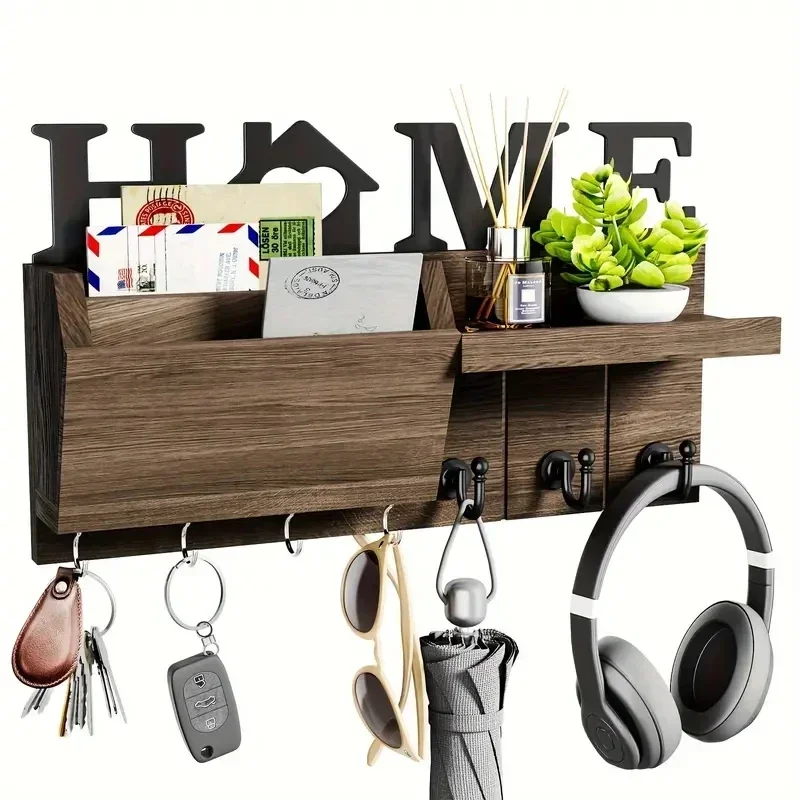 1pc Wall Hanging Storage Holder Wooden Wall Mounted Storage Rack with 7 Hooks Plant Mail Storage Organizer for Home Decor