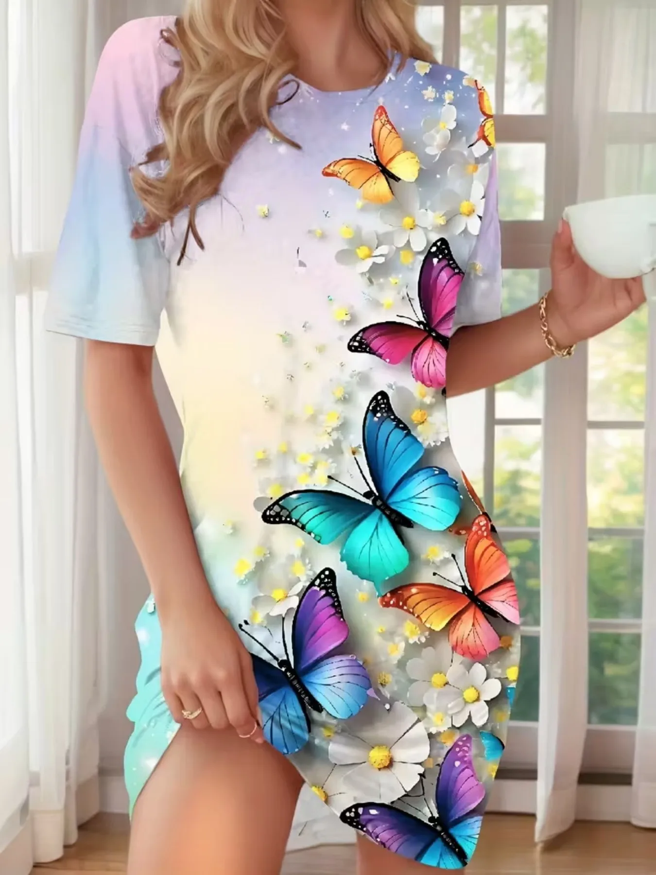 Dreamy Colorful Butterfly Daisy Women's Round Neck Short Sleeve Home Nightgown Dress