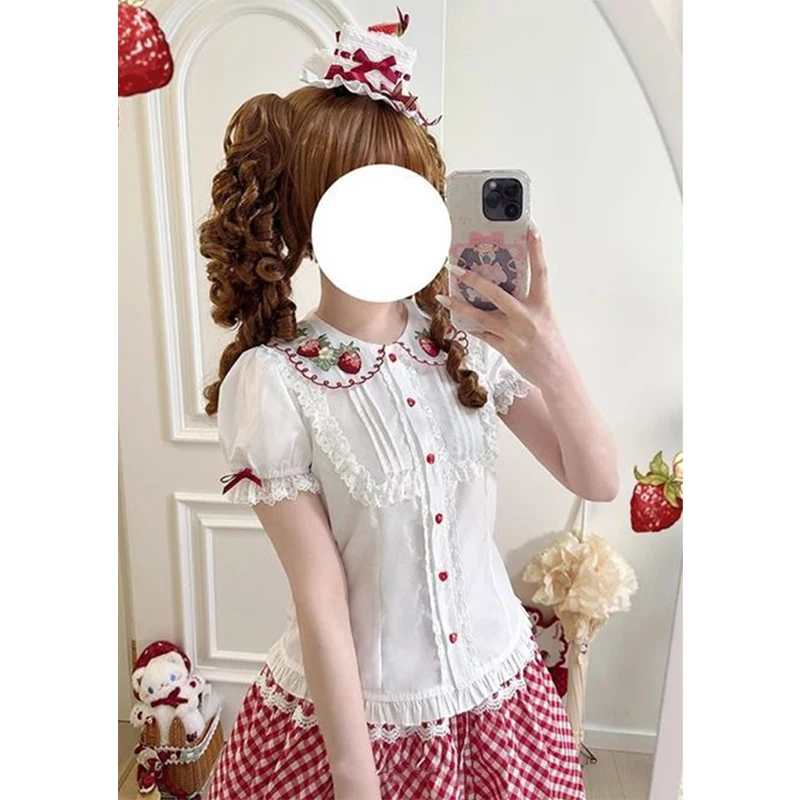 Kawaii White Shirts Women Lolita Cutecore Lace Print Blouses Summer Japanese Harajuku Peter Pan Collar Puff Short Sleeve Tops view 2