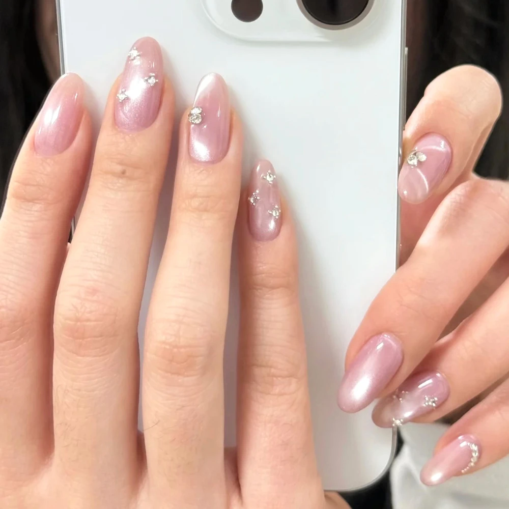 

Sparkling Rhinestone Pink Purple Cat Eye French Nail Art Shiny Wearable Fake Nail Detachable Finished False Nails Press on Nails