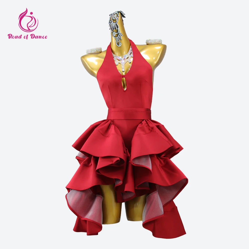 

Red Latin Dance Costume Girls Sports Dress Woman Practice Wear Clothes Line Skirt Stage Evening Suit Kids Dancewear Ball Parties