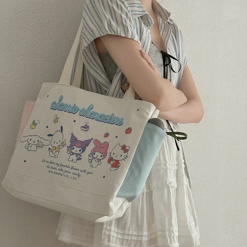 Sanrio Hello Kitty print fashion lightweight canvas bag splicing contrasting color cute Kulomi shoulder bag girls shopping bag