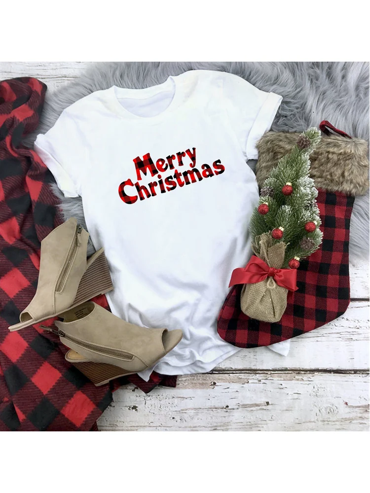 Plaid Merry Christmas T Shirt Women Fashion Graphic Cute Tee Kawaii TShirt Fashion Hipster Christmas Party Style Tumblr Shirt