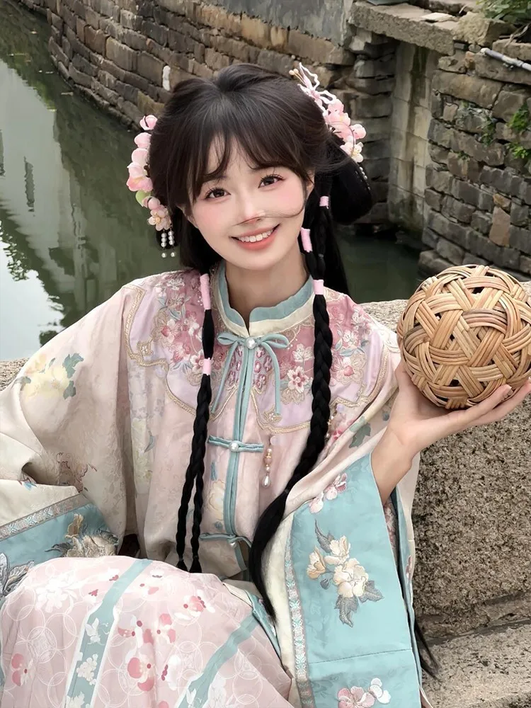 

New Chinese-style women's clothing small pink dress set Han Yin Hua Heavy Industry Hanfu