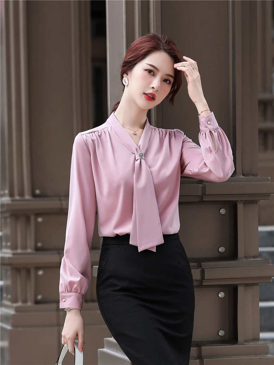 

Long Sleeve Pink Shirt Women Autumn 2022 Loose Casual Bow Ribbon OL High Quality Light Green Fashion Blouses Office Ladies Tops