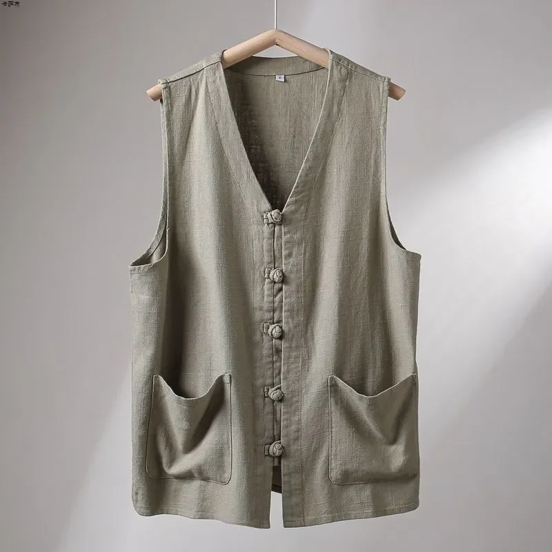 Gilet d'été en lin fin style chinois, coupe ample, en coton et lin, pour homme, style Tang