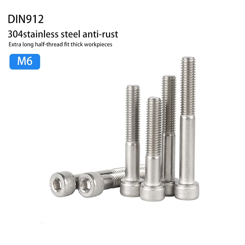 DIN912 Socket Cap Head Screws, 304 Stainless Steel Extra Long Half Thread Hex Socket Cylinder Bolts M6 20-25Pcs