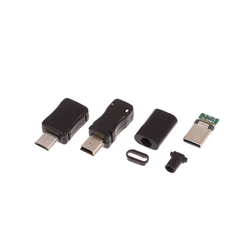 Mini USB Micro USB Tipo C Cabeça Masculina com Bainha, Conector Jack, Shell De Plástico, Tomada Da Cauda, Plug Terminal, 5 Conjuntos