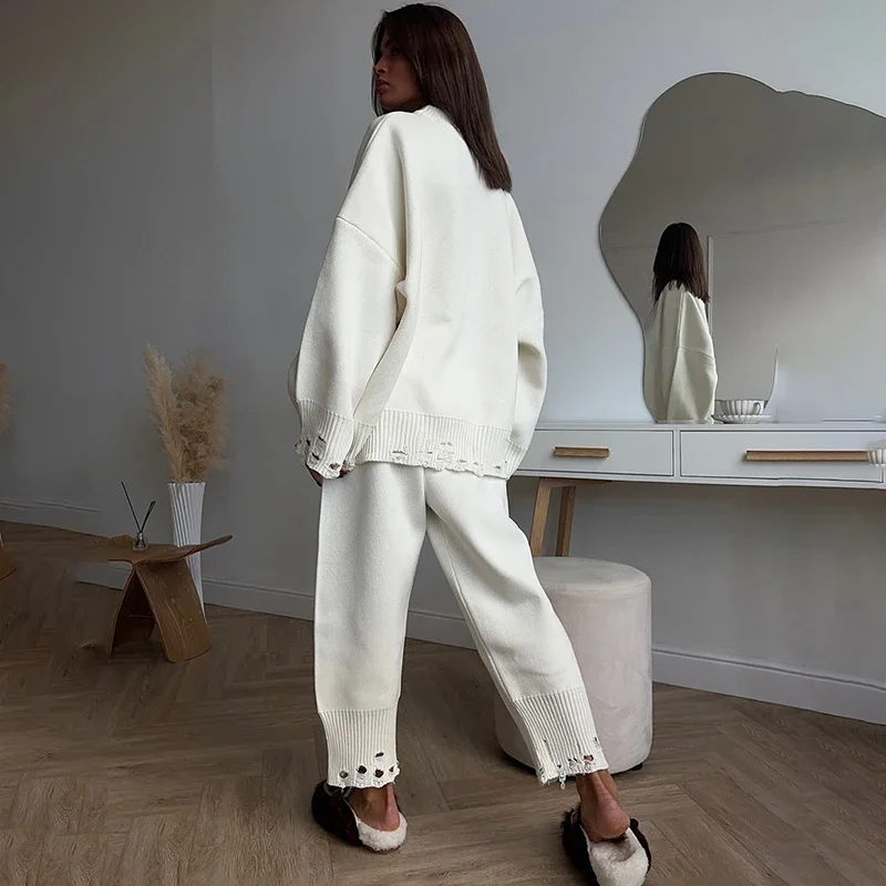 Lose Beiläufige Sport Anzug Weibliche Hosen SetHohl Pullover Anzug Weibliche Gestrickte Bleistift Hosen Rollkragen Pullover Pullover