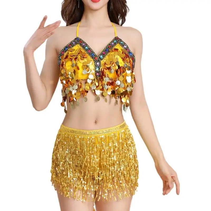 39BD Zweiteiliges Bauchtanz-Outfit für Damen, Pailletten-Fransen-Bauchtanzrock und Top-Set – Detail 3