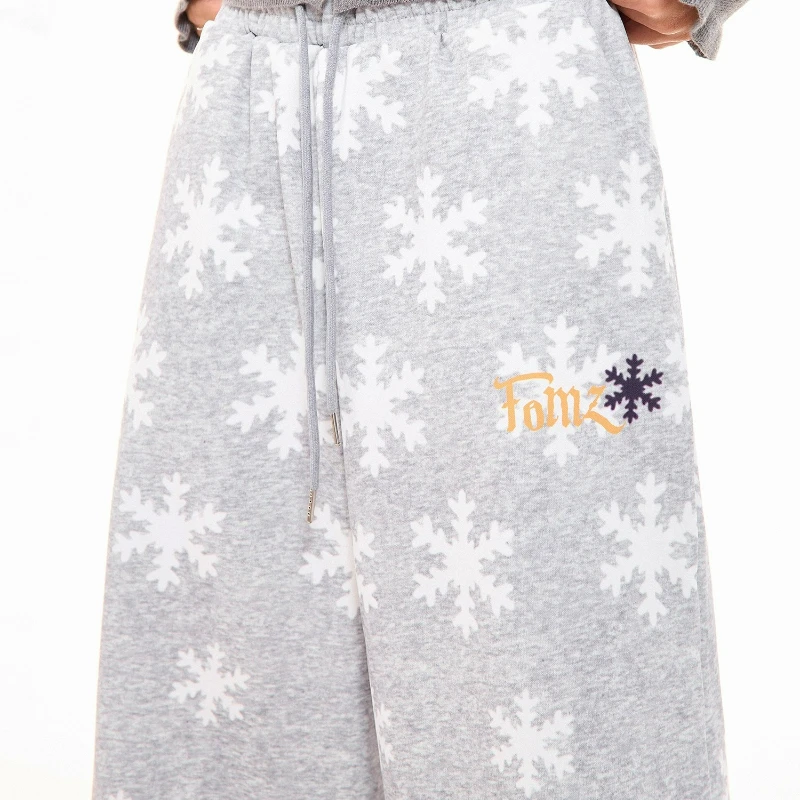 الأمريكية رمادي ندفة الثلج طباعة كاملة الصوف سراويل تقليدية نسائية 2025 شتاء جديد فضفاض متعدد الاستخدامات الدافئة واسعة الساق بنطلون السيدات #5