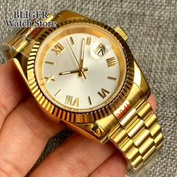 BLIGER 36mm 39mm Polished Fluted Bezel NH35A Automatic Men Watch Gold Roman Numbers Silver Dial Steel Bracelet Sapphire Glass