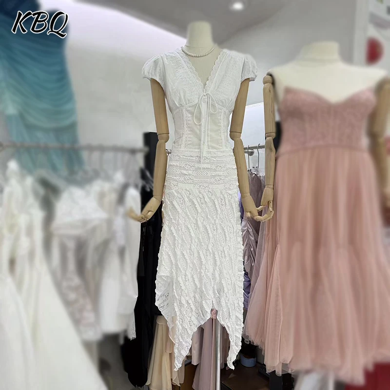 

KBQ Elegant Solid Slimming Spliced Lace Dress for Women V Neck Short Sleeve High Waist Temperament Dress Female Fashion Style