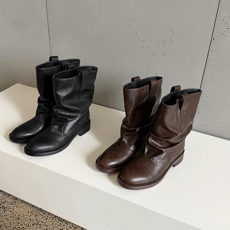 QUTAA 2027 News Fashion Genuine Leather Women Ankle Boots Round Toe Winter Boots Mid Heels Shoes Motorcycle Short Boots 34-40